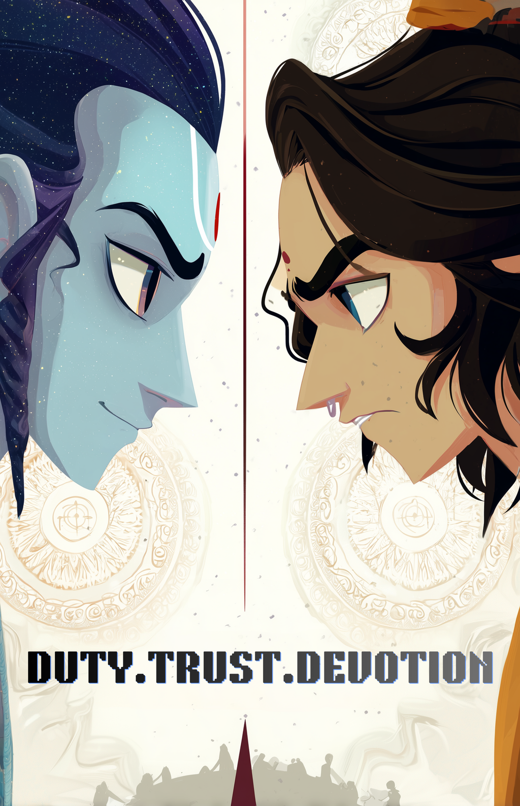 Krishna Arjuna Split Face Anime Art Print | Modern Bhagavad Gita Poster | Duty Trust Devotion Wall Art