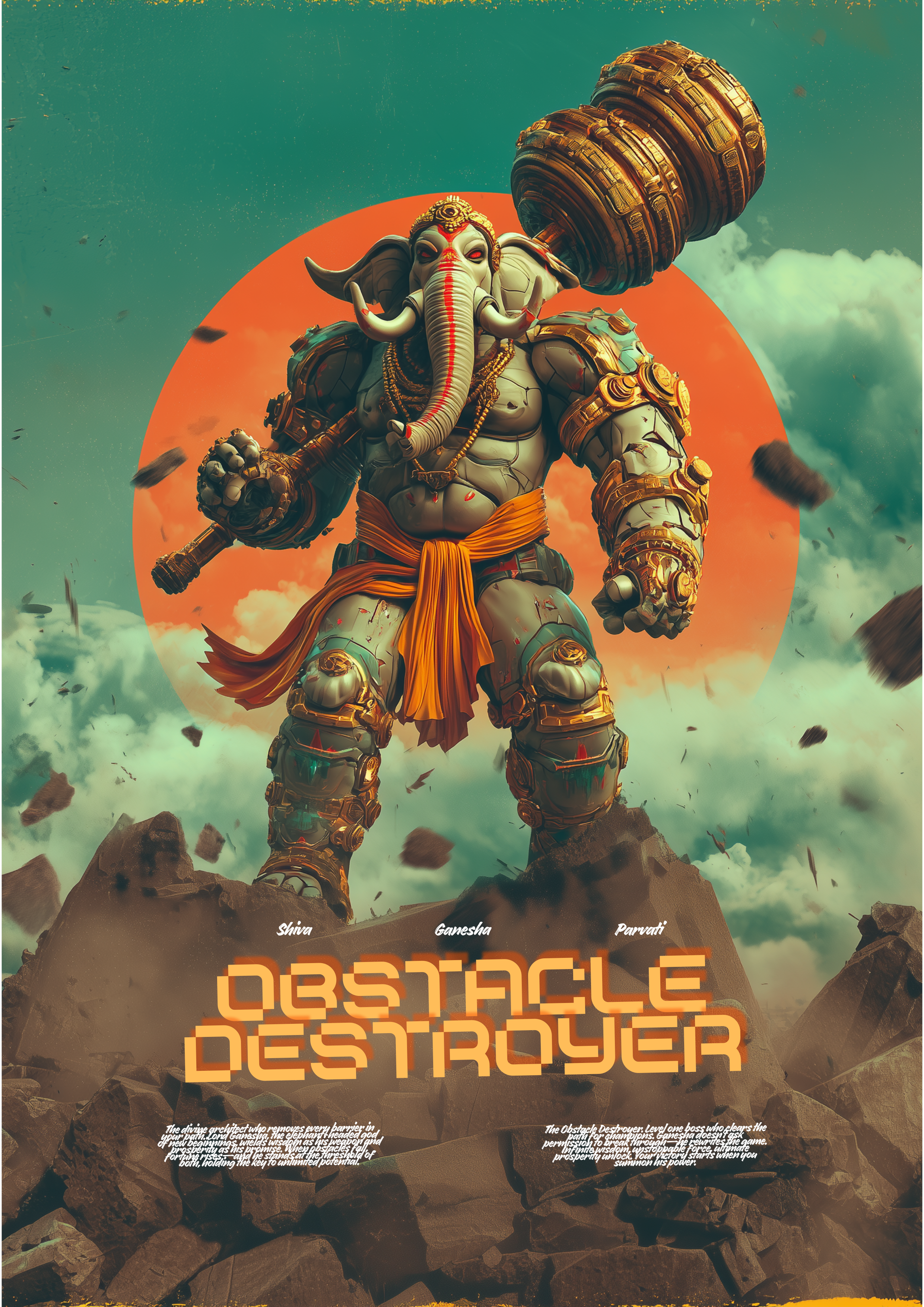 Lord Ganesha Obstacle Destroyer Poster | Cyberpunk Mech Warrior Ganesha Wall Art | Modern Hindu God Print