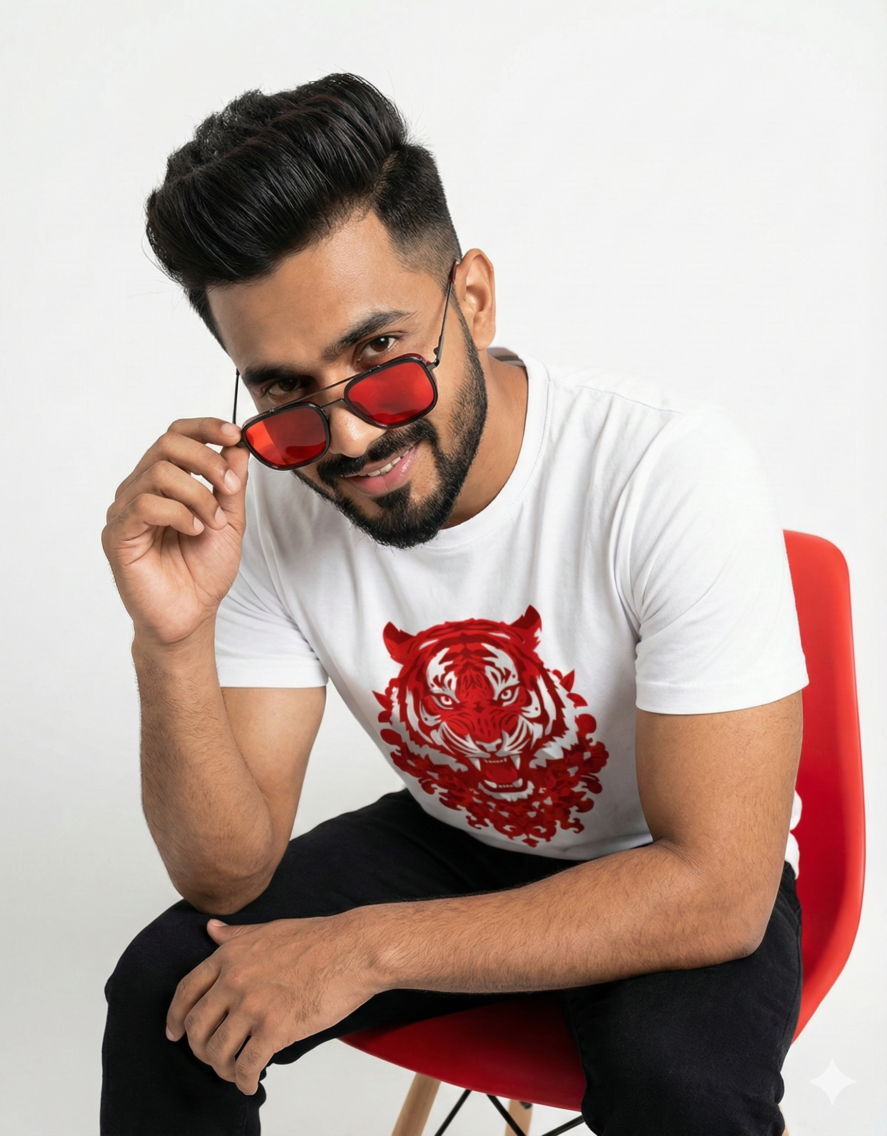 Red Tiger Geometric T-Shirt | Bold Editorial Style Tiger Tee | Abstract Wildlife Graphic Shirt|Unisex Classic Crew T-Shirt