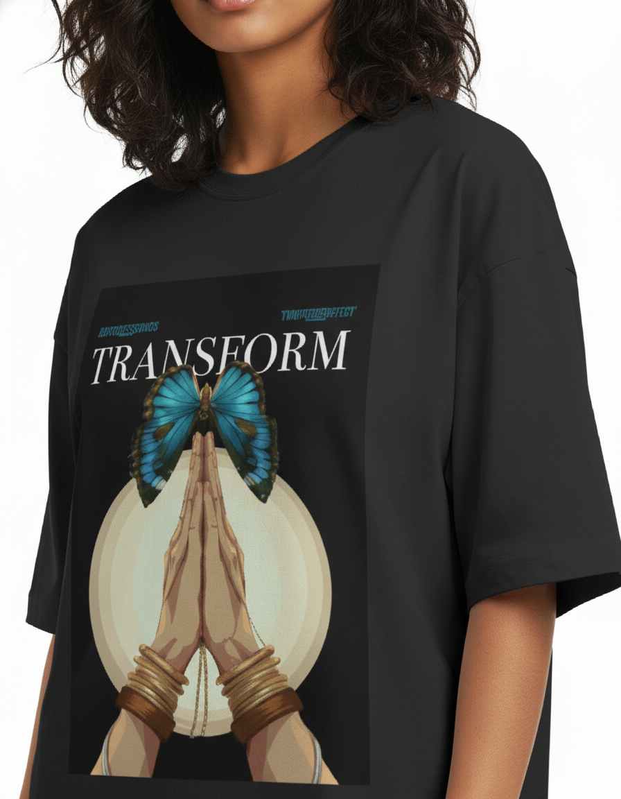 Oversized Black “Transform” Tee – Unisex Shirt with Butterfly and Praying Hands Graphic|Unisex Terry Oversized Tee