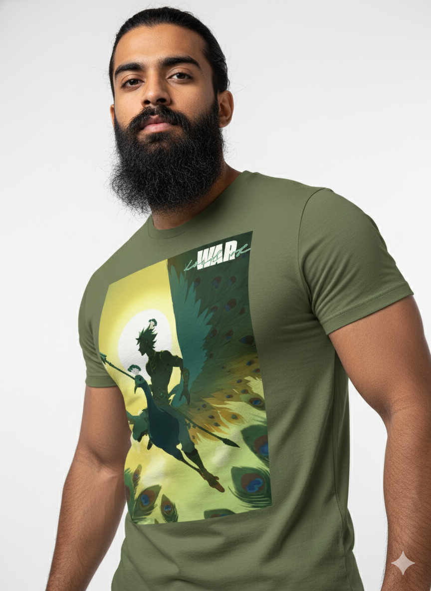 Lord Karthikeya War God Graphic T-Shirt | Murugan Peacock Warrior Unisex Tee | Hindu God of Victory Anime Art Shirt | Unisex Classic Crew T-Shirt