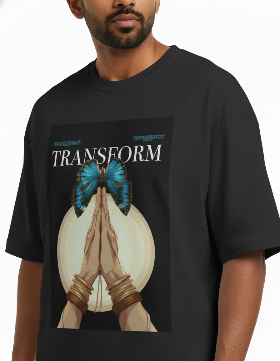 Oversized Black “Transform” Tee – Unisex Shirt with Butterfly and Praying Hands Graphic|Unisex Terry Oversized Tee