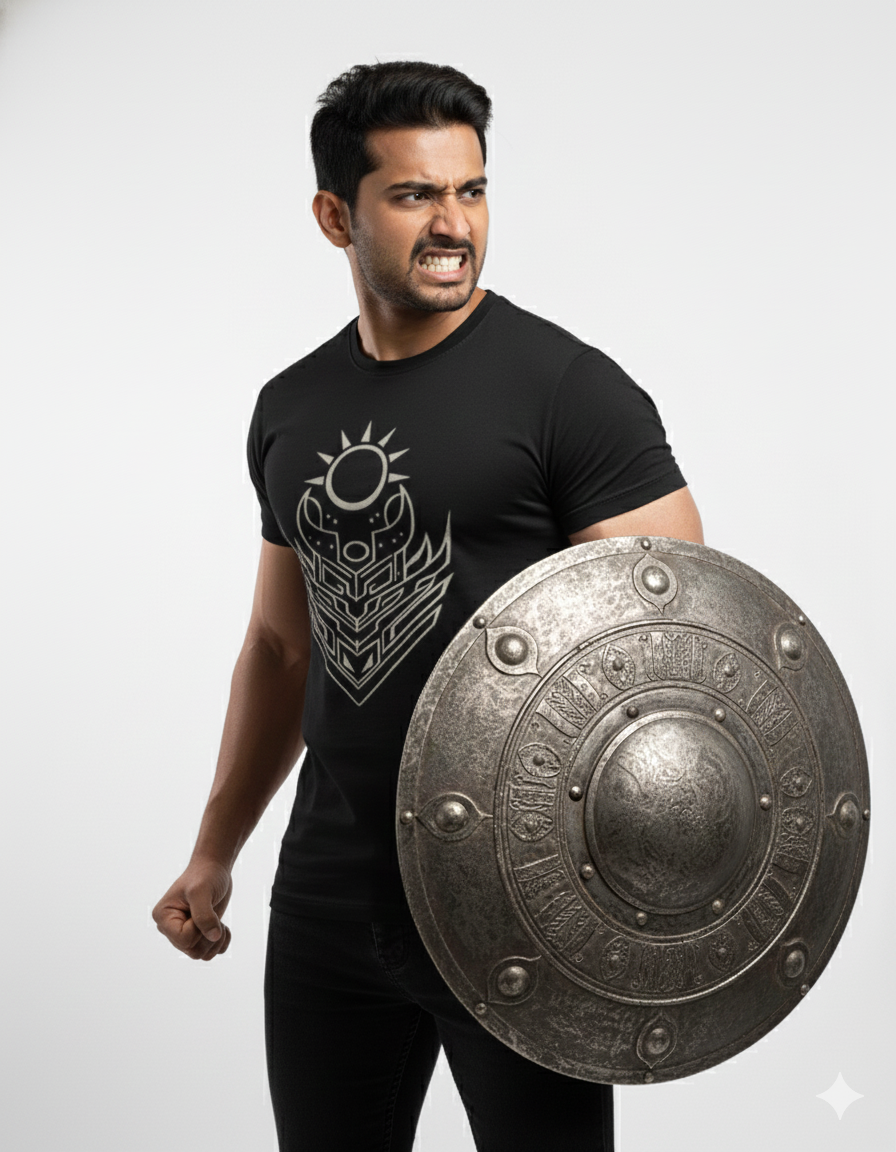 Karna Kavacha Kundala T-Shirt | Divine Armor Emblem Tee | Hindu Warrior Protection Symbol Shirt| Unisex Supima T-Shirt