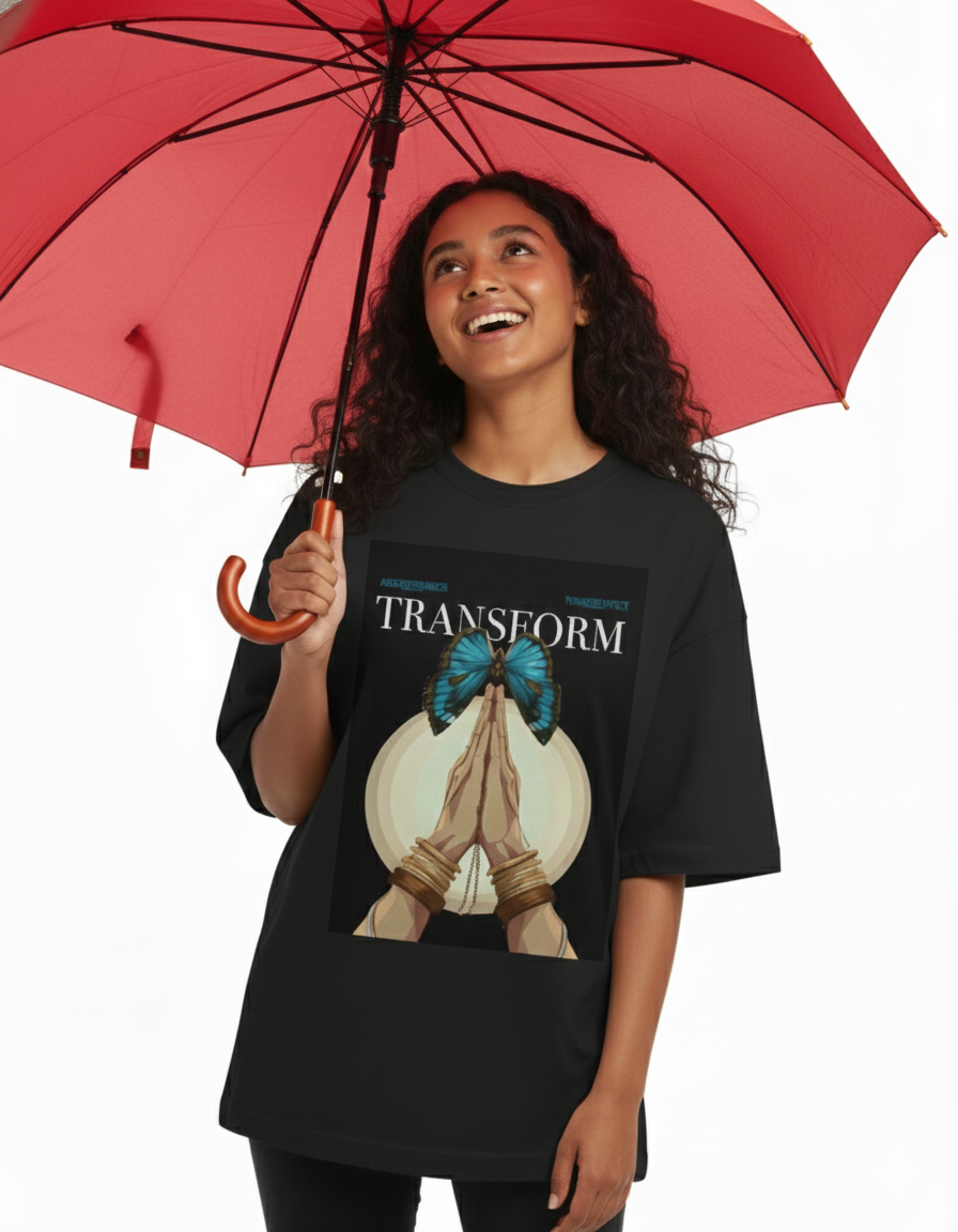 Oversized Black “Transform” Tee – Unisex Shirt with Butterfly and Praying Hands Graphic|Unisex Terry Oversized Tee
