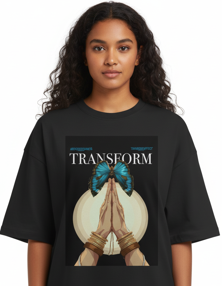 Oversized Black “Transform” Tee – Unisex Shirt with Butterfly and Praying Hands Graphic|Unisex Terry Oversized Tee