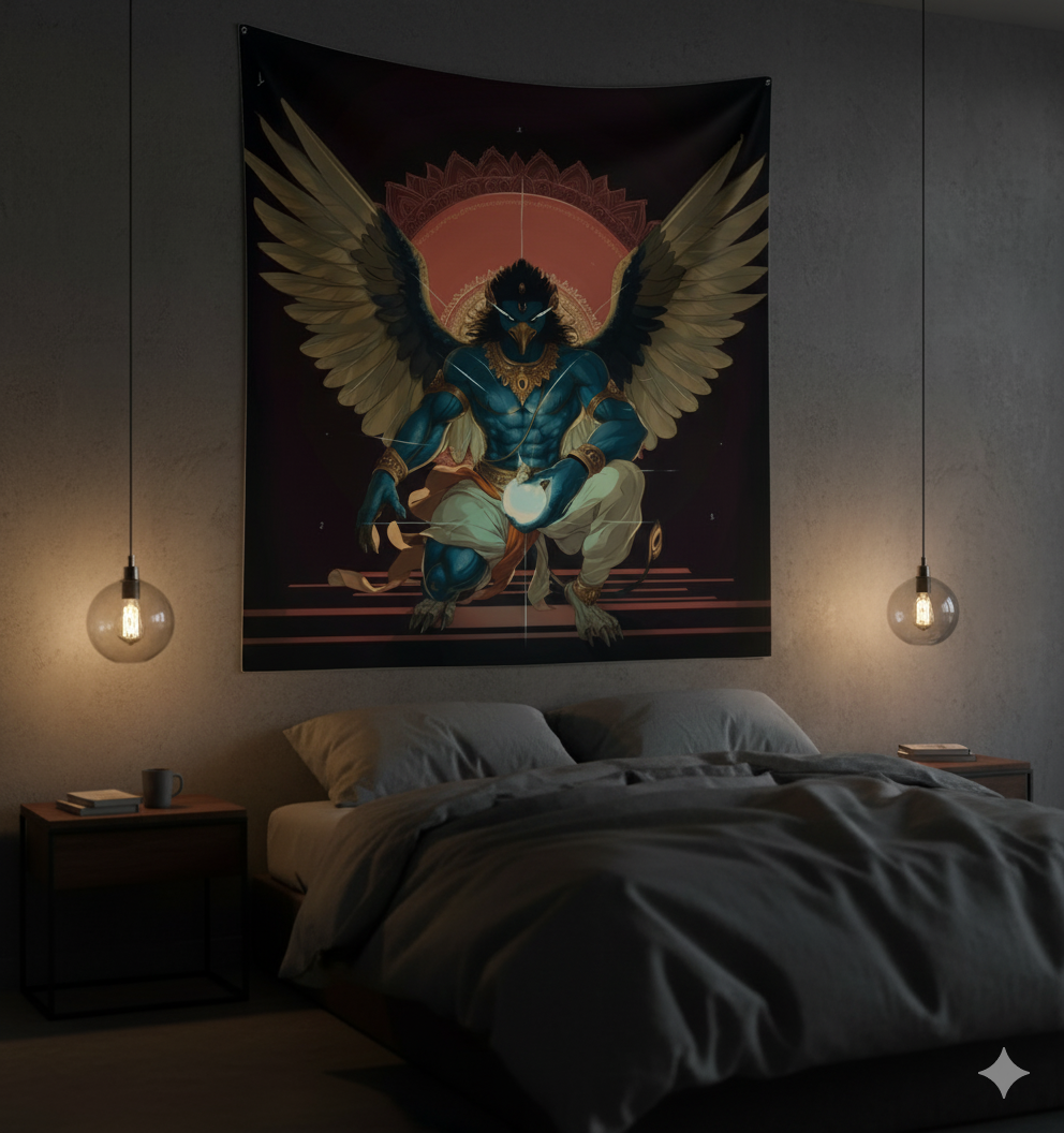 Garuda Tapestry Wall Hanging | Hindu Eagle God Meditation Art | Vahana of Vishnu Spiritual Tapestry | Mystical Bird Deity Home Decor