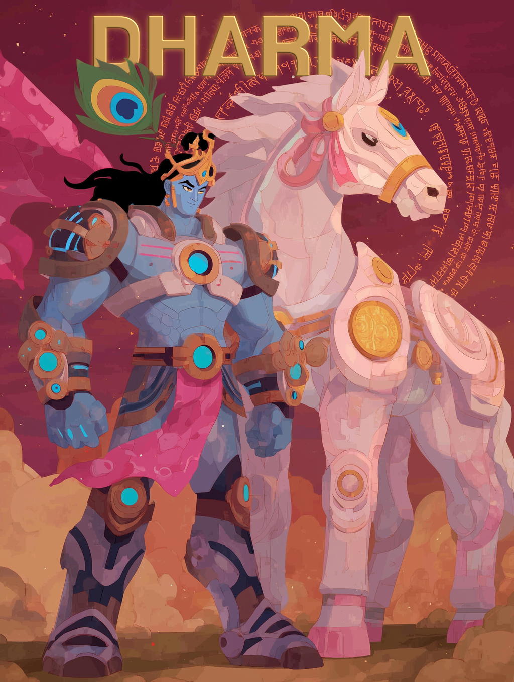 Lord Krishna Dharma Mecha Warrior Poster | Cyberpunk Krishna with White Horse Art Print | Modern Mahabharata Wall Art | Hindu God Futuristic Anime Poster