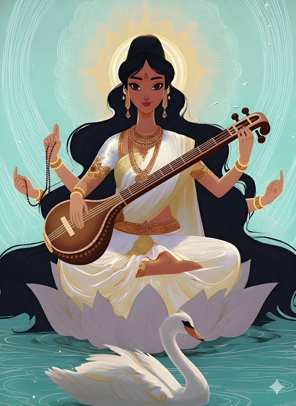 Goddess Saraswati Framed Poster| Saraswati on Lotus with Veena | Hindu Goddess of Knowledge Poster | Modern Indian Mythology Decor Framed Poster